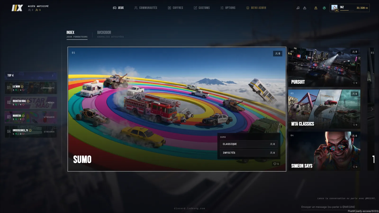 The INDEX hub in game: the menu where you pick a game and a mode.