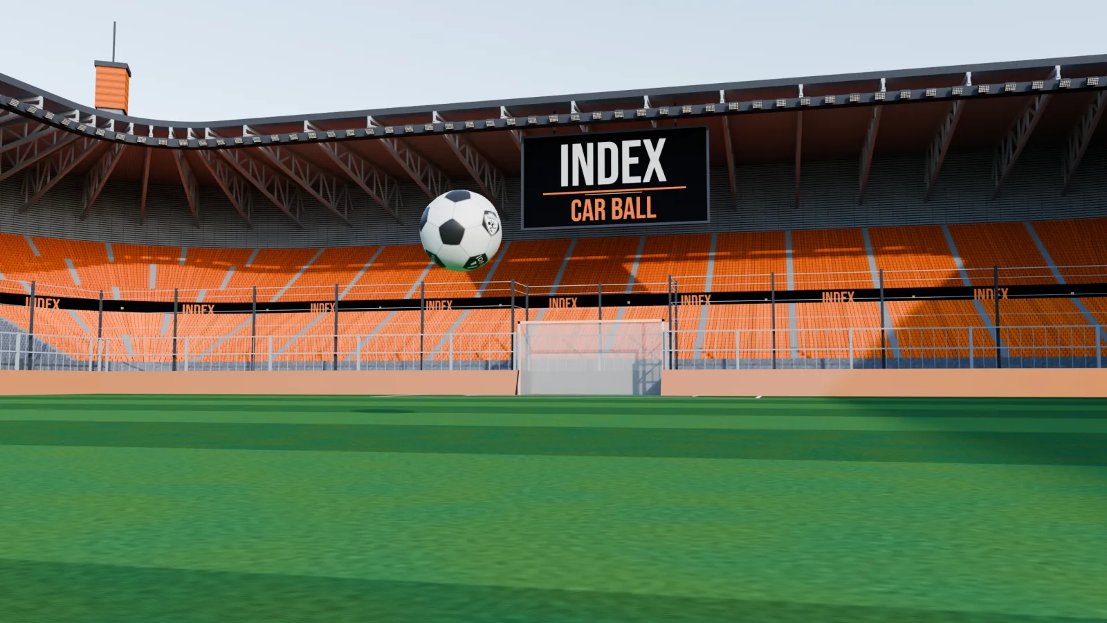 Car Ball on INDEX: an oversized football crashing into a pink goal on a city car park, with lifted 4x4s chasing it