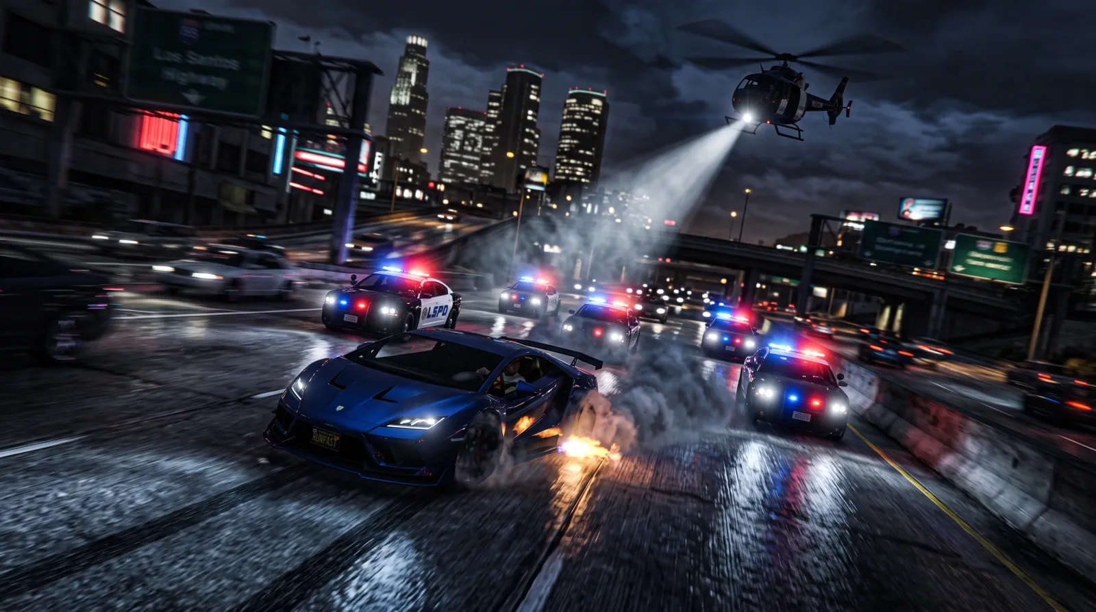 Pursuit on INDEX: police cars chasing a runner through Los Santos at night
