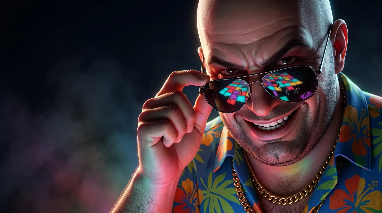 Simeon Says on INDEX: a night-time close-up of Simeon lowering his mirrored sunglasses, city lights reflected in the lenses