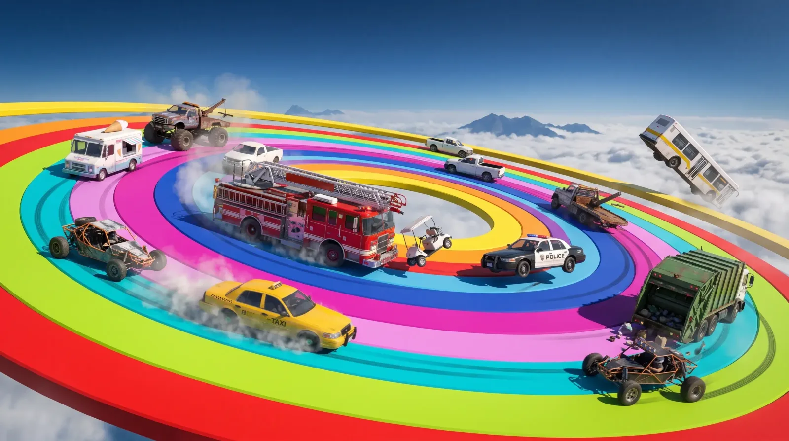 Sumo on INDEX: a rainbow-striped circular arena floating above the clouds, crowded with mismatched vehicles shoving each other toward the edge